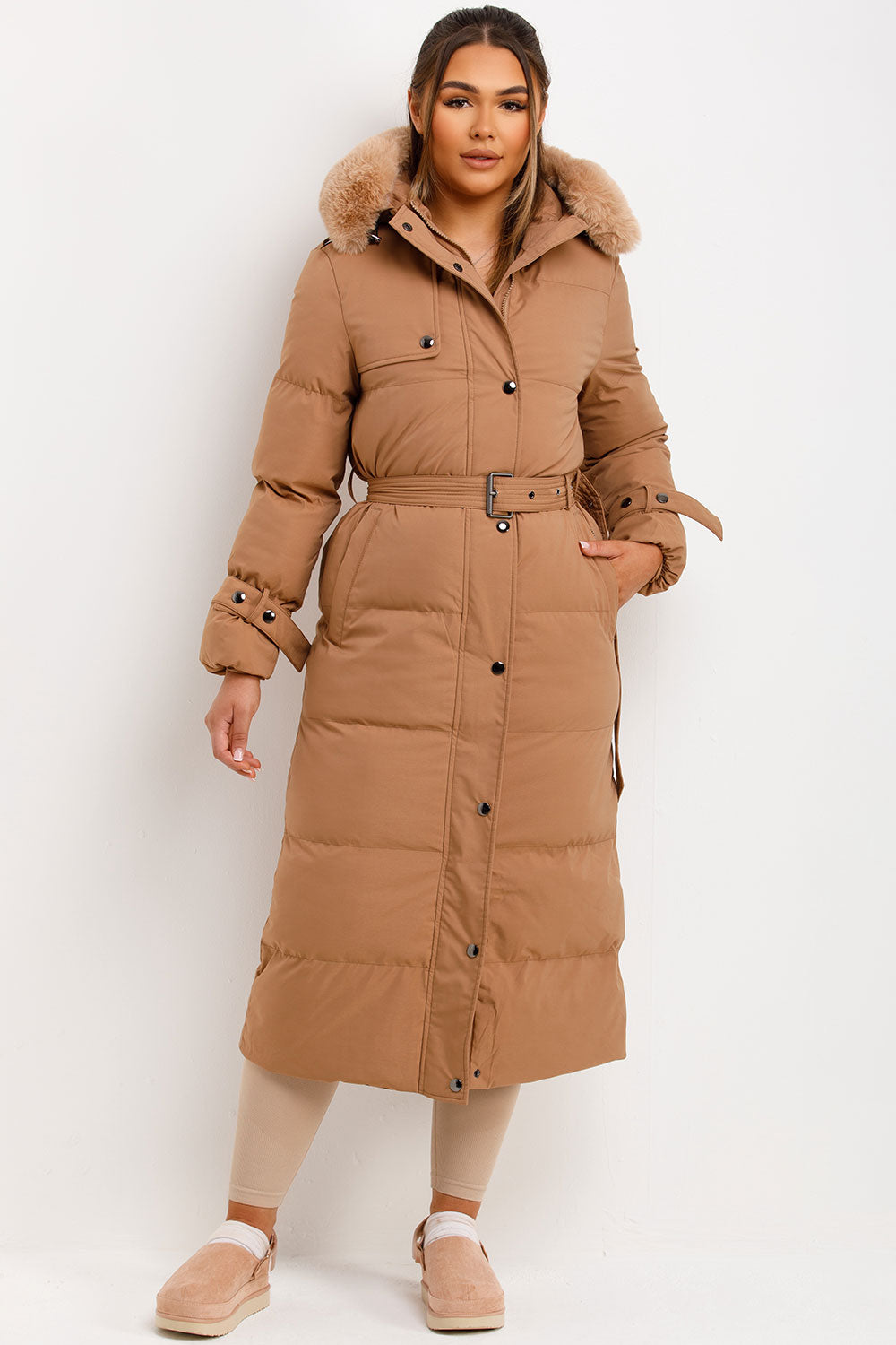 Long Puffer Trench Coat With Belt And Faux Fur Hood Camel