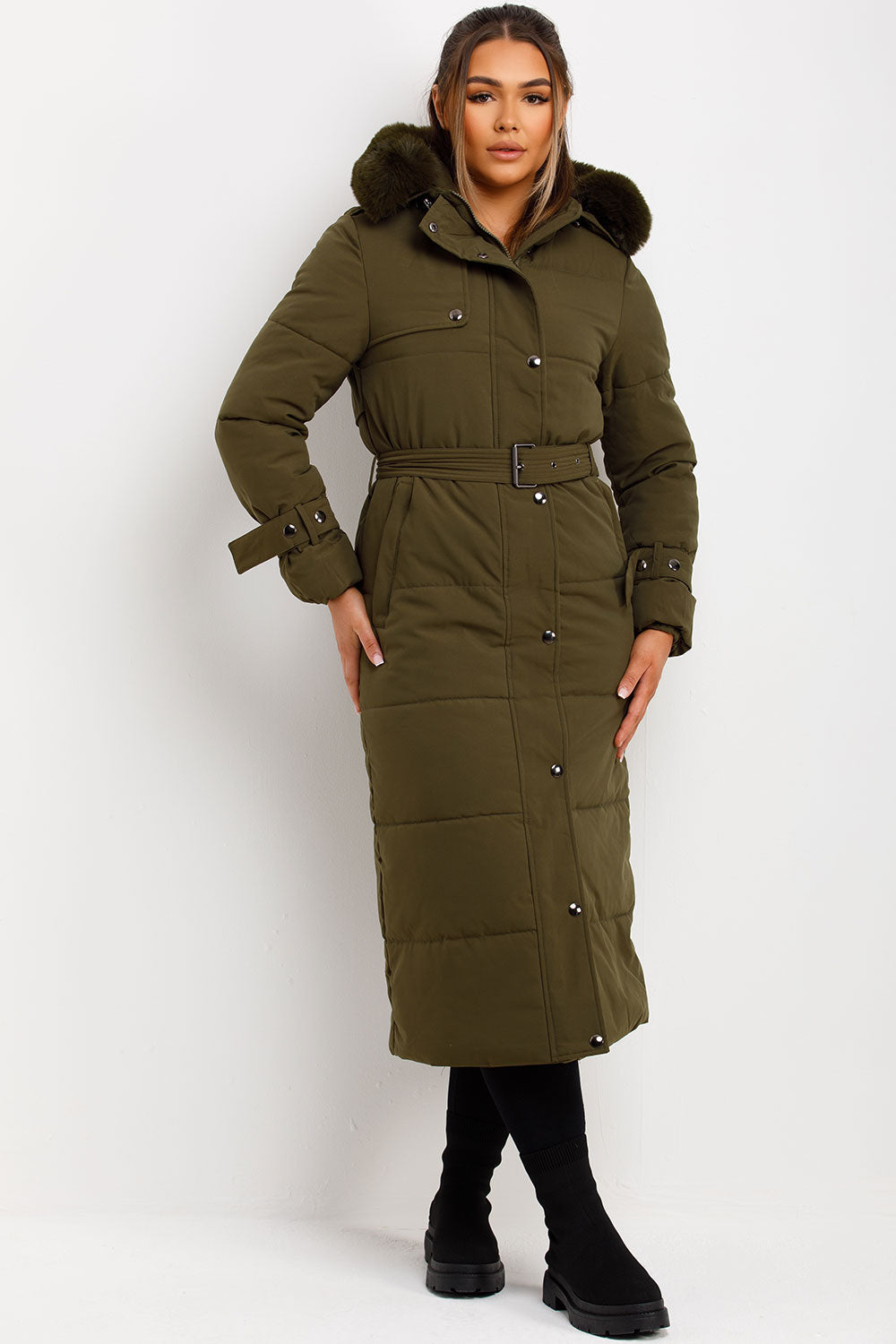 Long Puffer Trench Coat With Belt And Faux Fur Hood Khaki