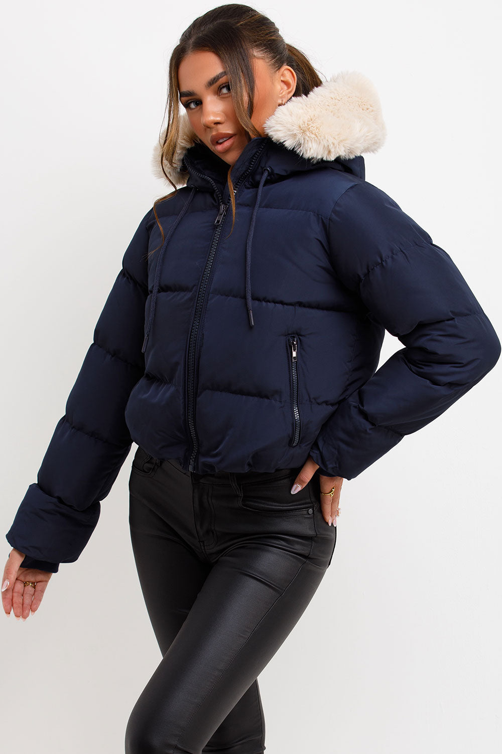 Puffer Jacket With Fur Hood Navy