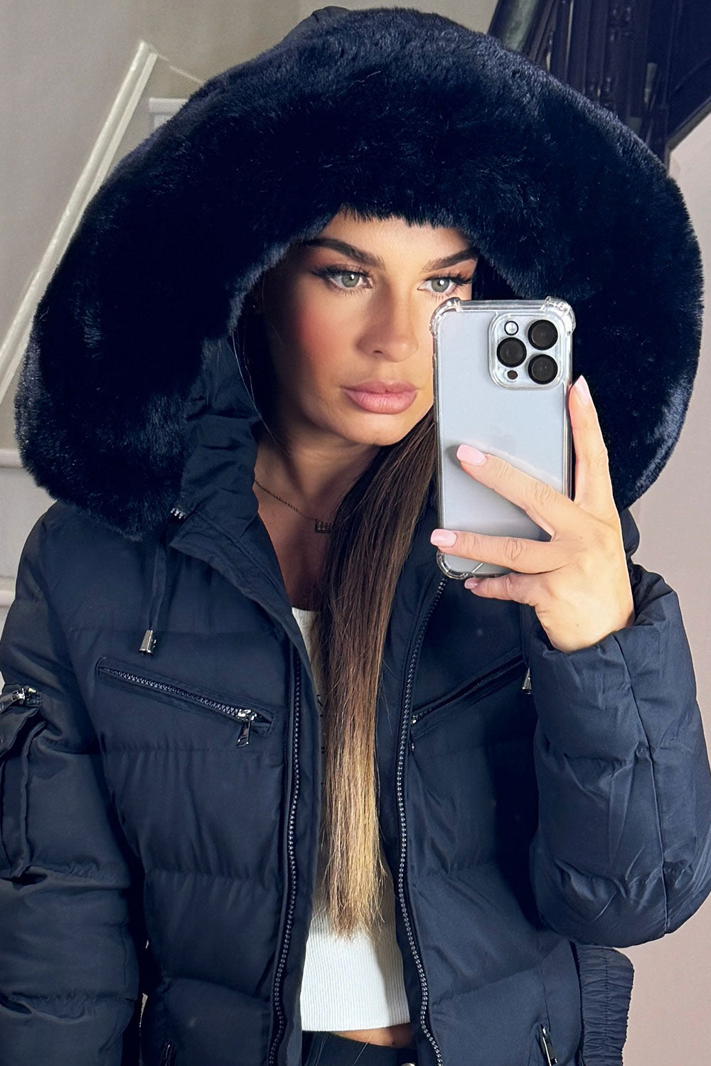 Long Puffer Coat With Fur Hood And Belt Black