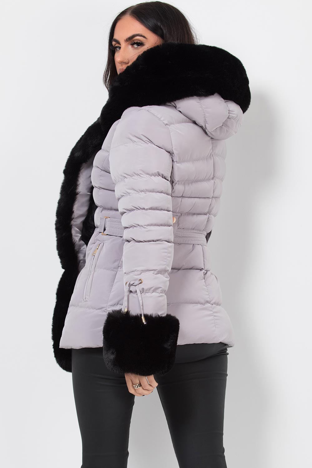 Grey Puffer Coat With Faux Fur Hood And Cuff