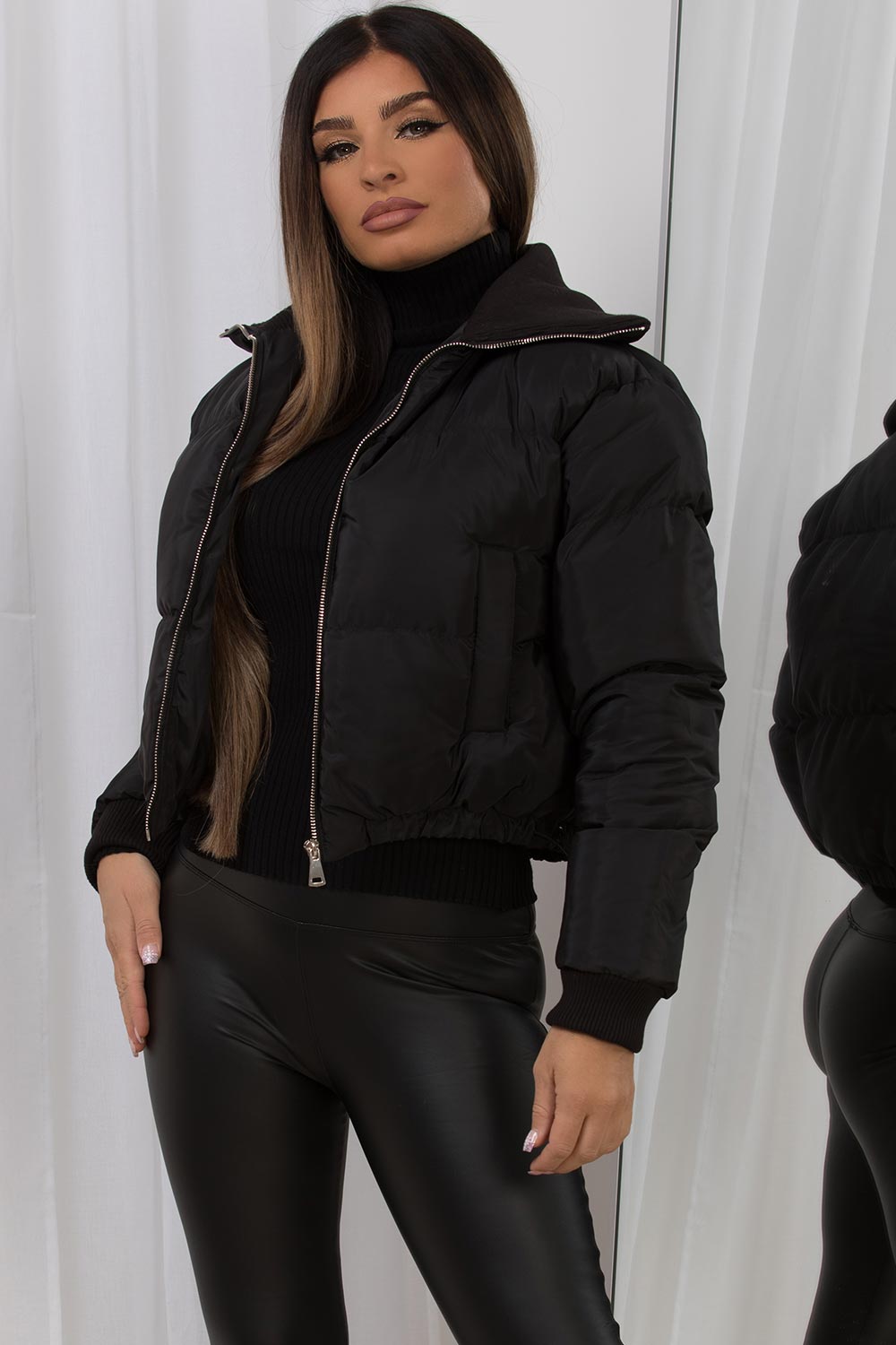 Cropped Puffer Jacket With Rib Collar Black