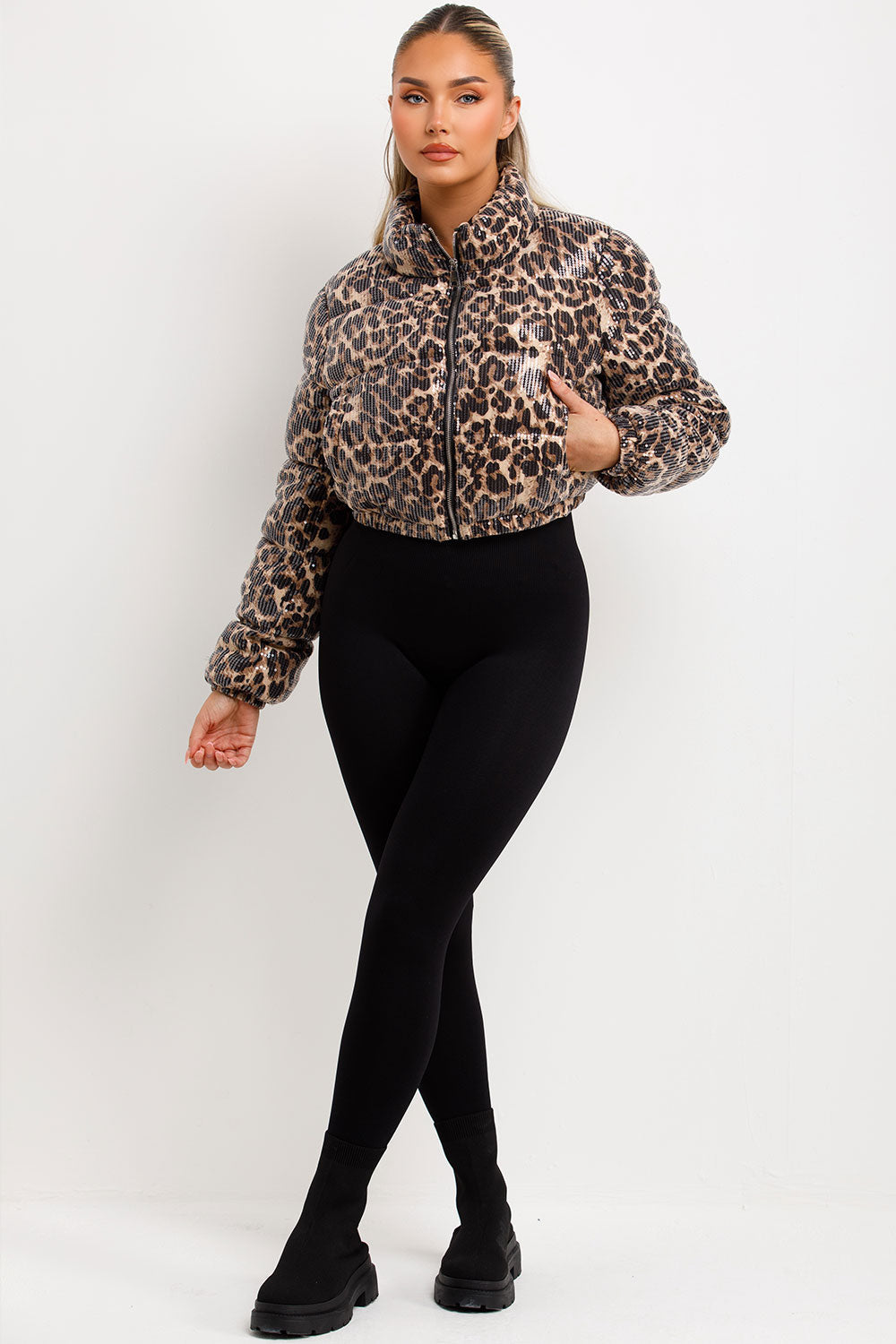 Leopard Print Crop Puffer Jacket Sequin Detail