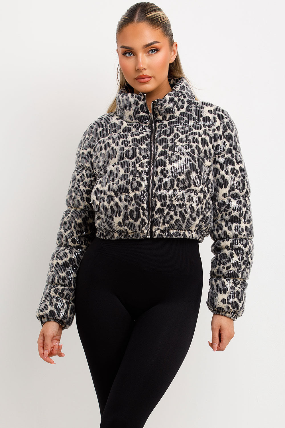 White Leopard Print Crop Puffer Jacket Sequin Detail