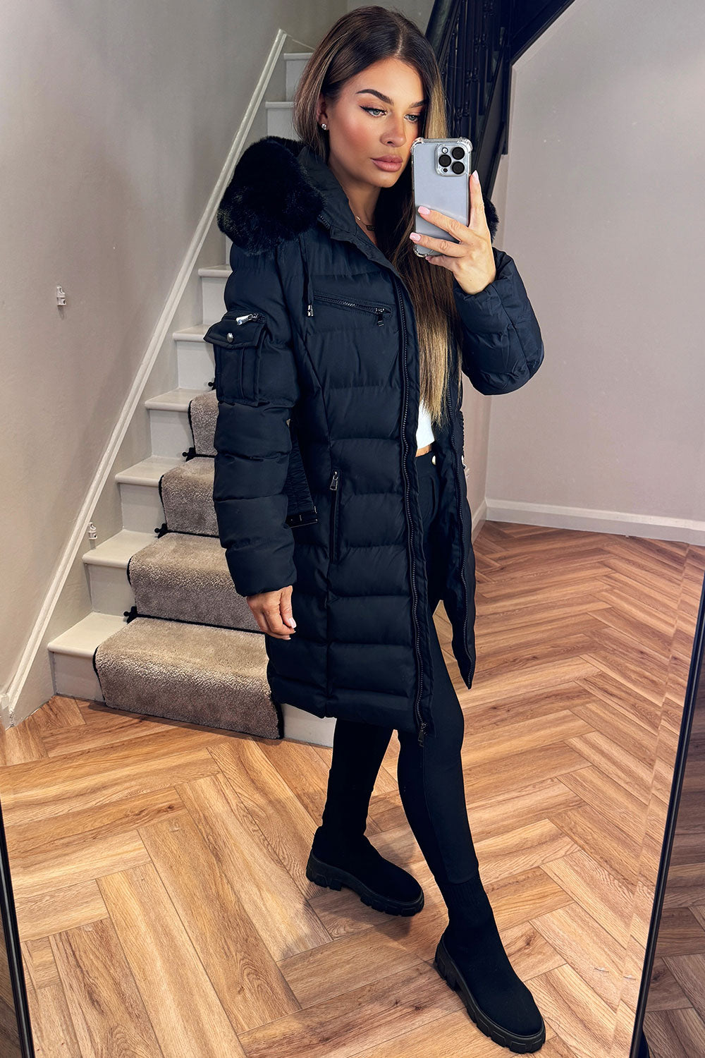 Long Puffer Coat With Fur Hood And Belt Black