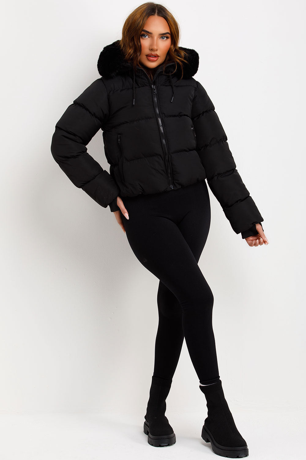 Black Puffer Jacket With Fur Hood