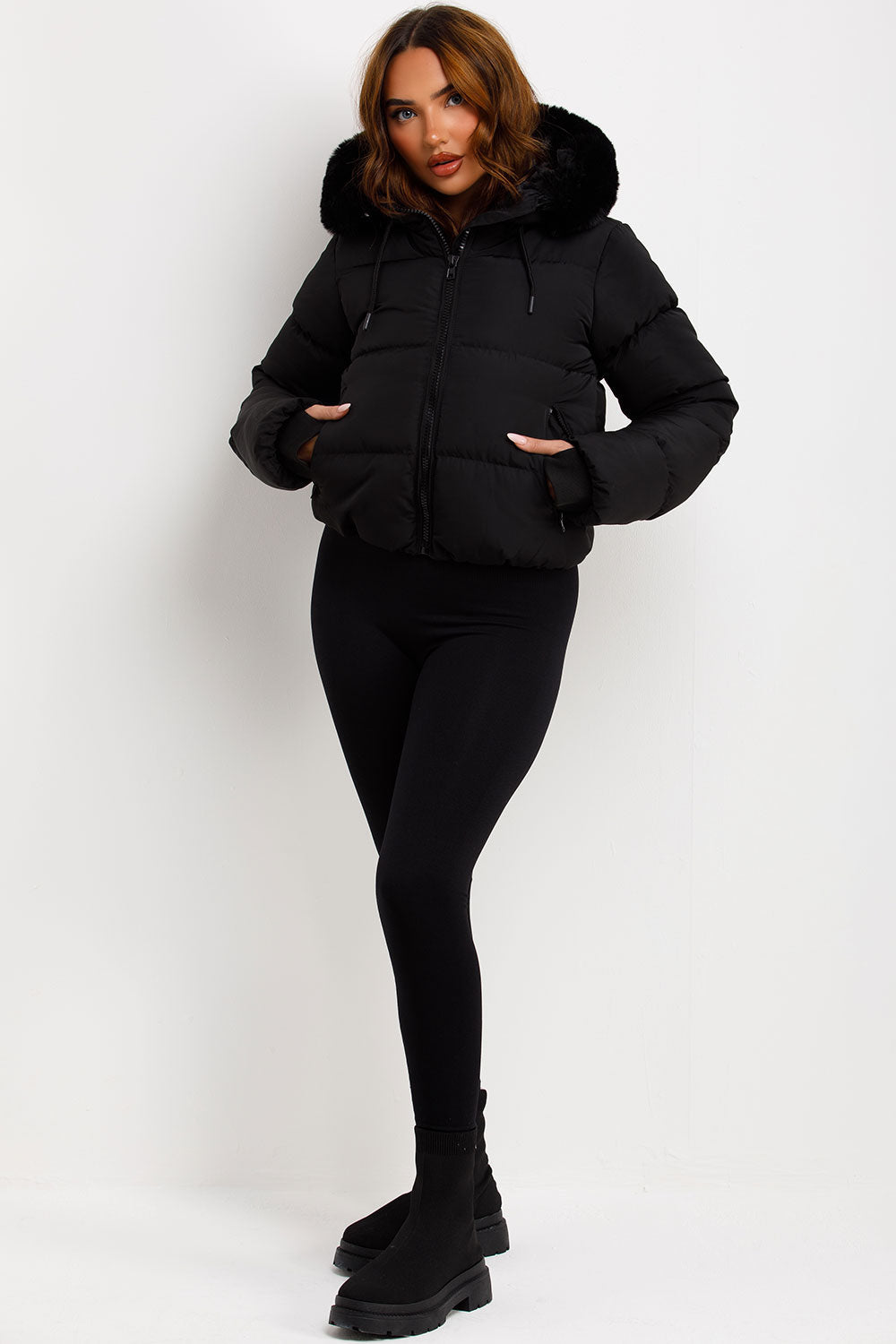 Black Puffer Jacket With Fur Hood