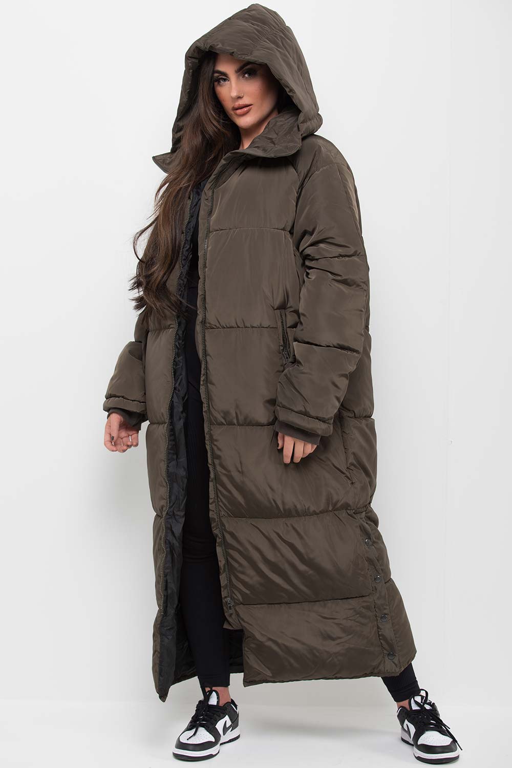 Khaki Long Puffer Padded Coat With Hood