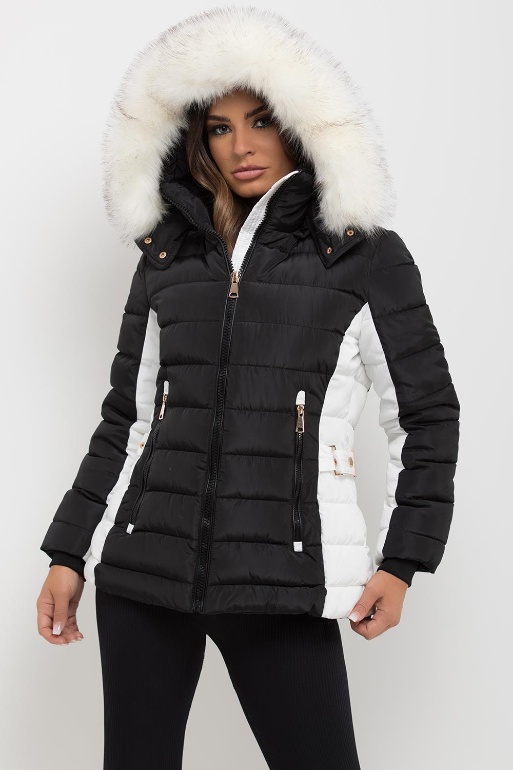 Puffer Jacket With Faux Fur Hood Black And White