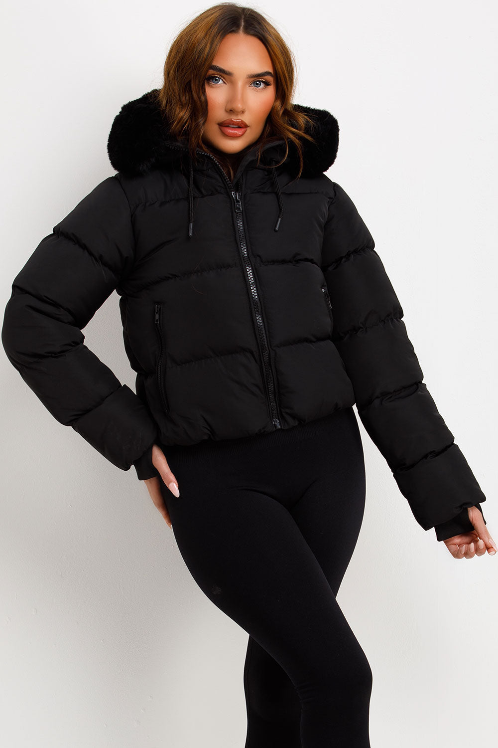 Black Puffer Jacket With Fur Hood