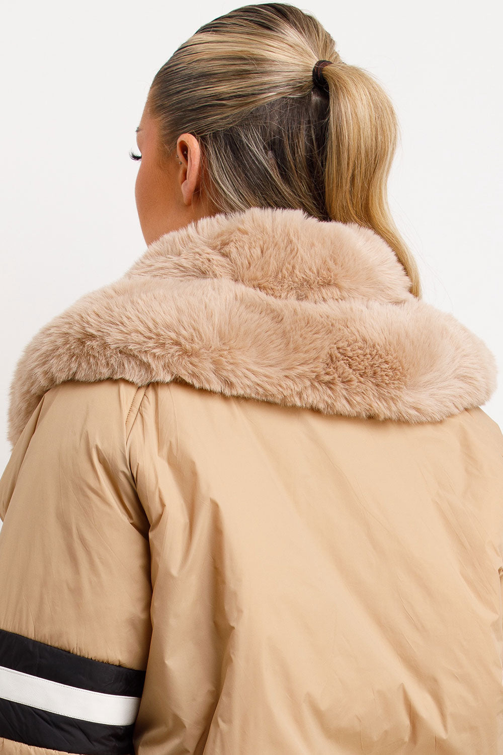 Aviator Bomber Jacket With Faux Fur And Stripe Detail Beige