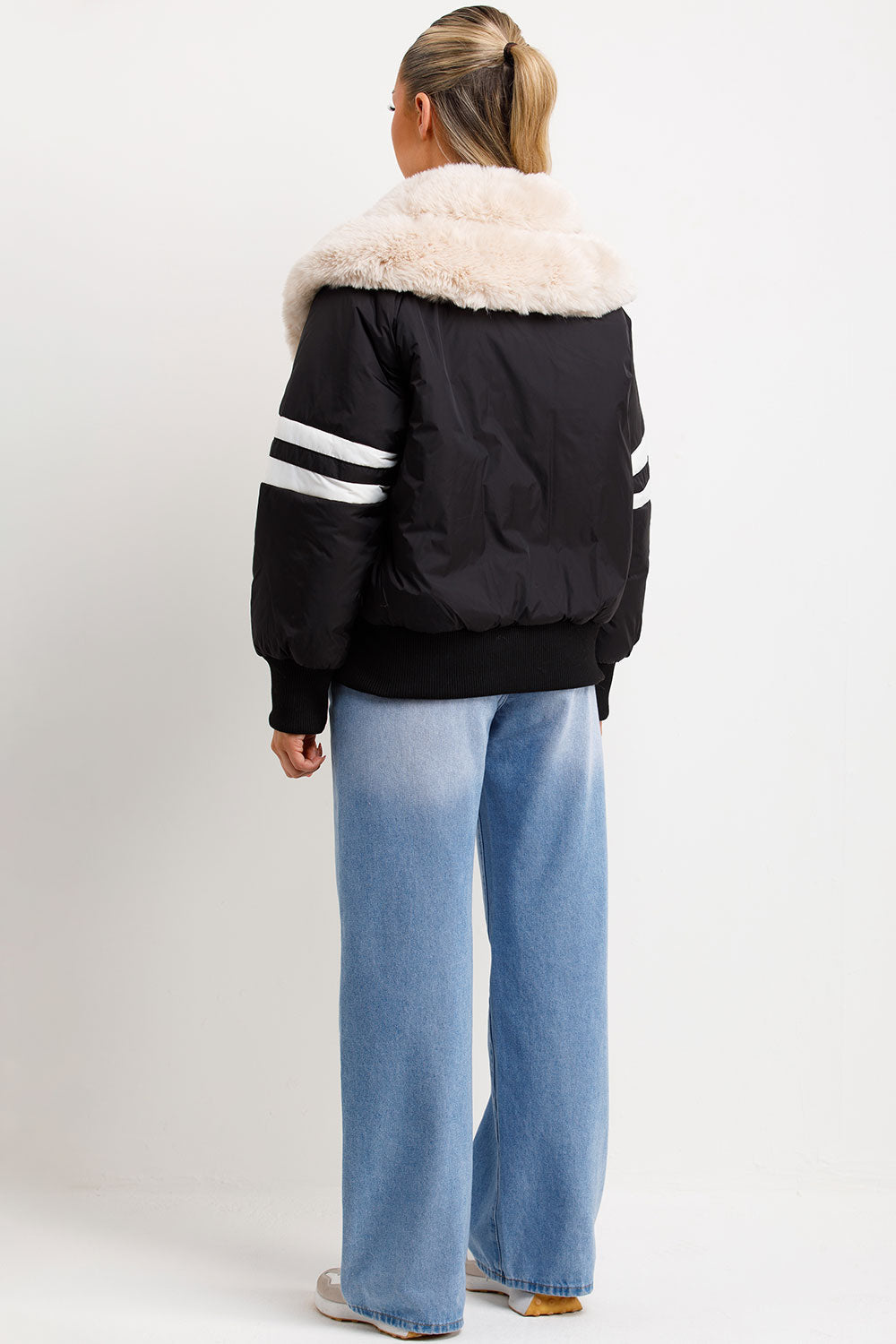 Aviator Bomber Jacket With Faux Fur And Stripe Detail Black