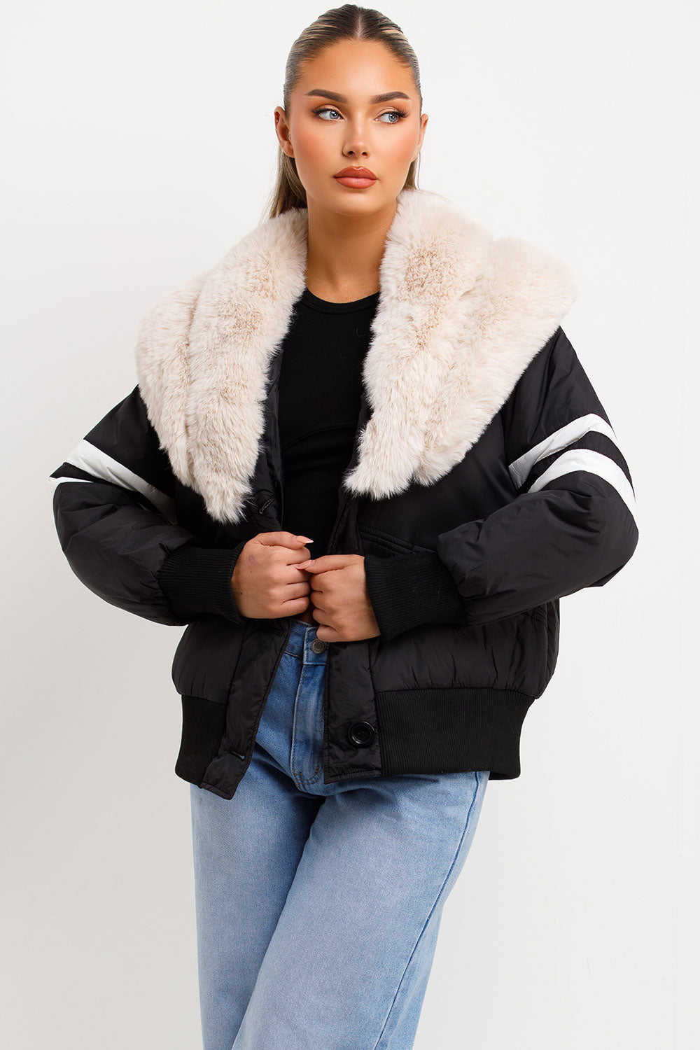 Aviator Bomber Jacket With Faux Fur And Stripe Detail Black