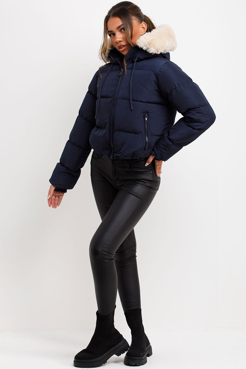 Puffer Jacket With Fur Hood Navy