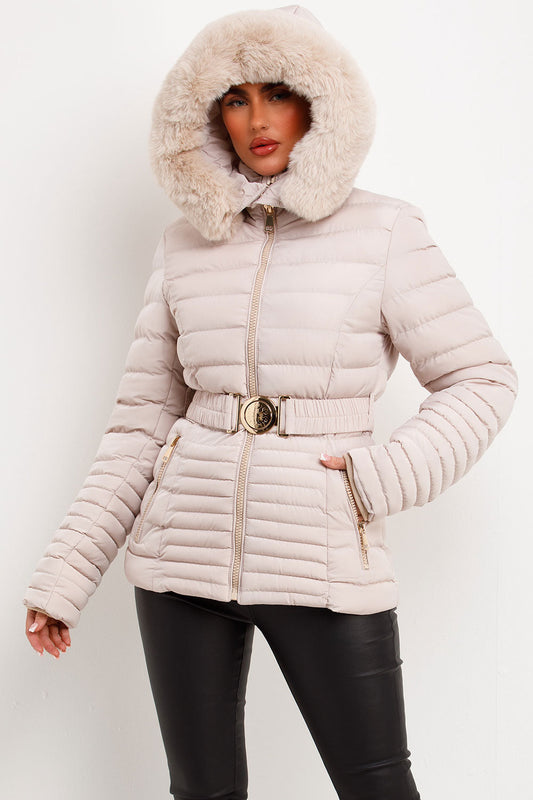 Puffer Jacket With Faux Fur Hood And Gold Belt Beige