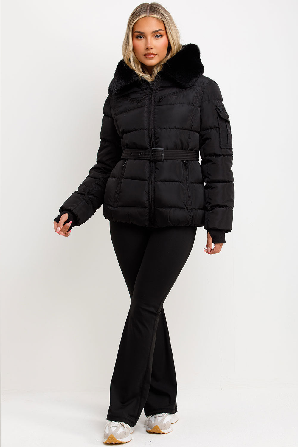 Black Faux Fur Hood Jacket With Belt