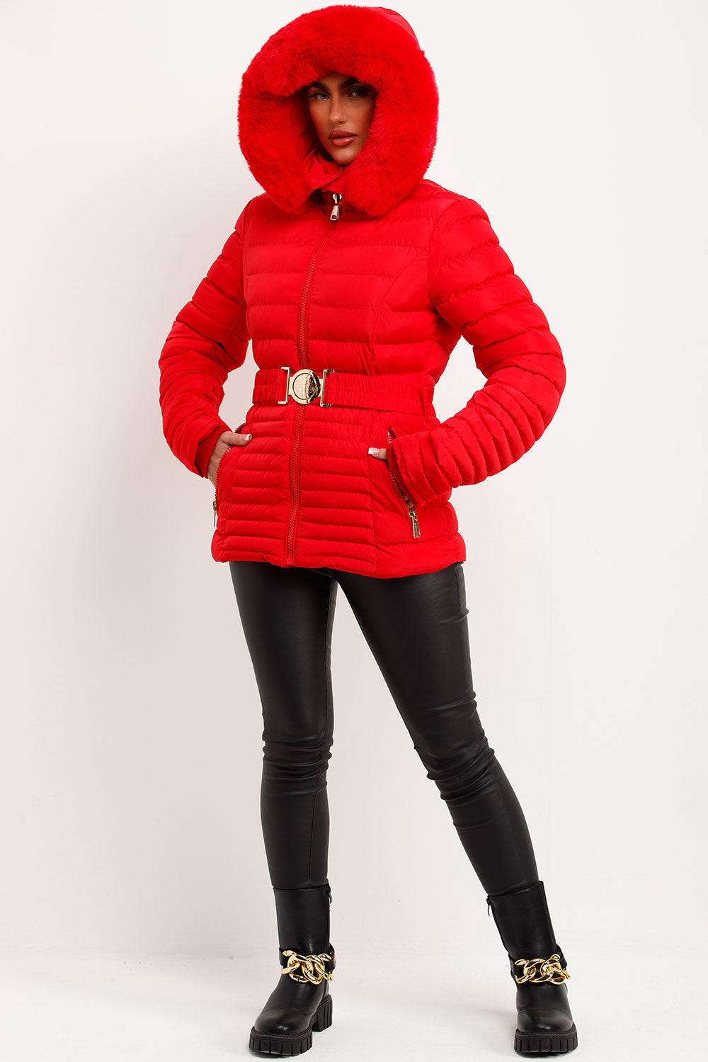 Red Puffer Jacket With Faux Fur Hood And Gold Belt