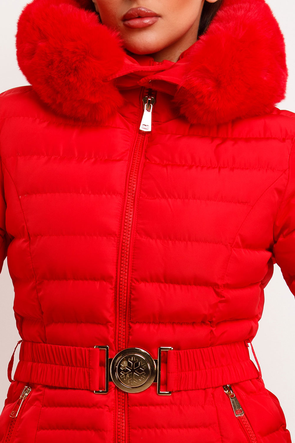 Red Puffer Jacket With Faux Fur Hood And Gold Belt