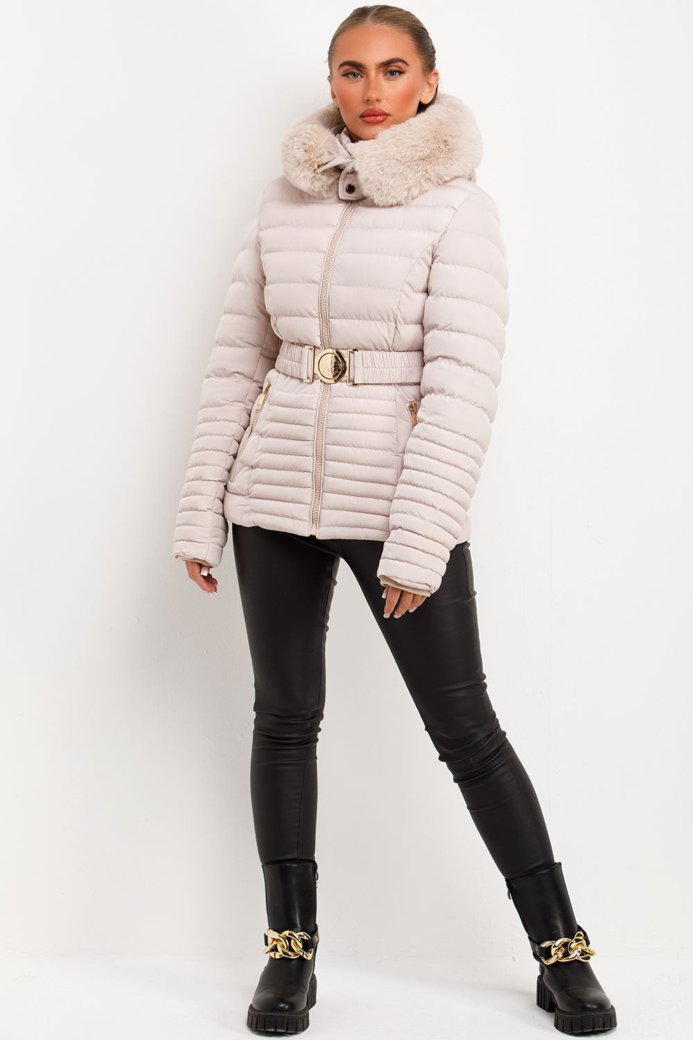 Puffer Jacket With Faux Fur Hood And Gold Belt Beige