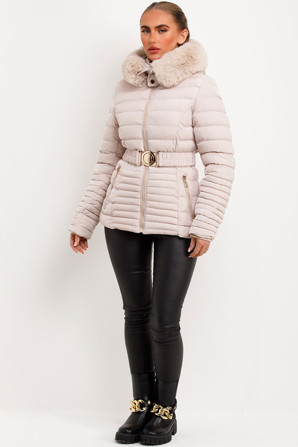 Puffer Jacket With Faux Fur Hood And Gold Belt Beige