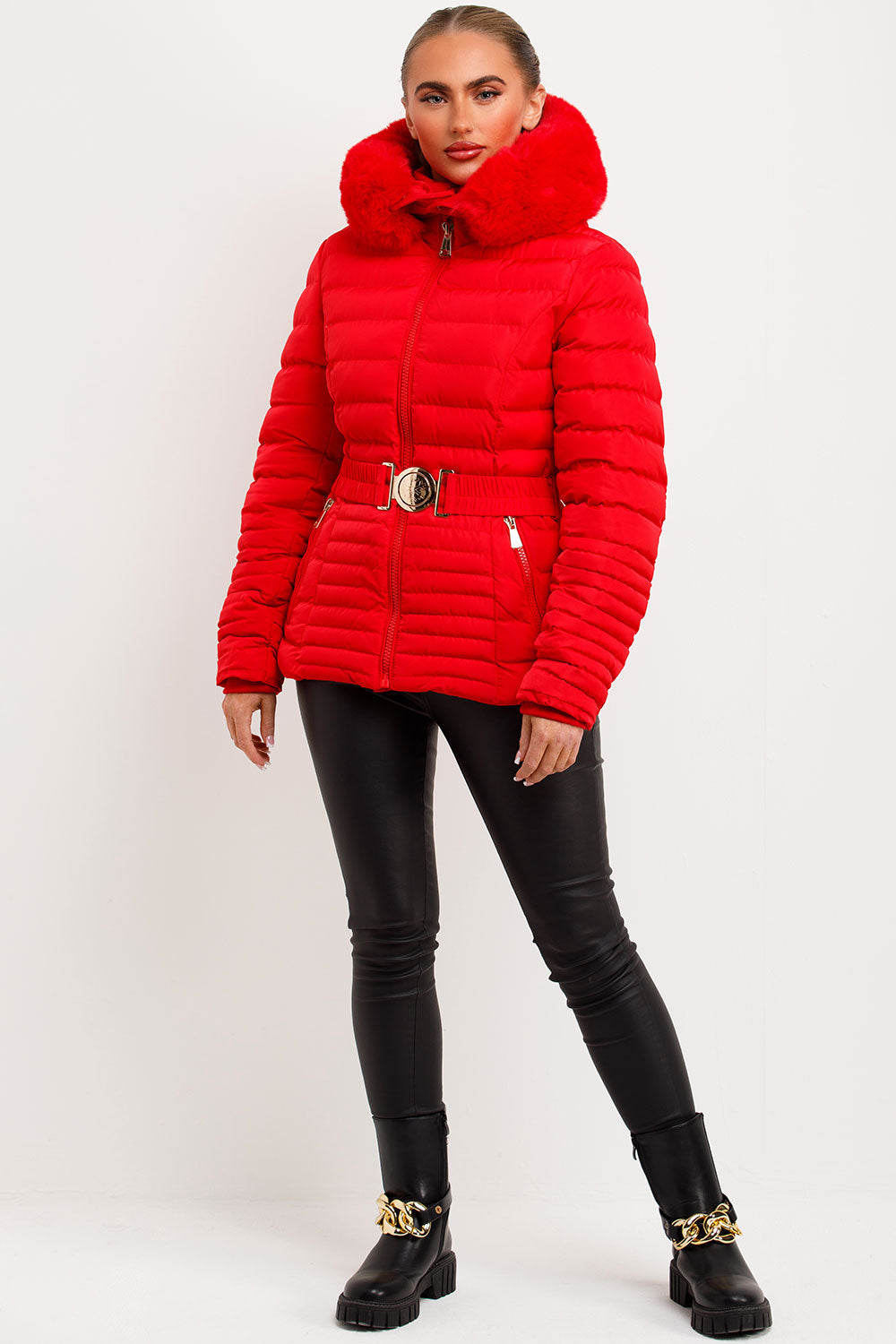 Red Puffer Jacket With Faux Fur Hood And Gold Belt