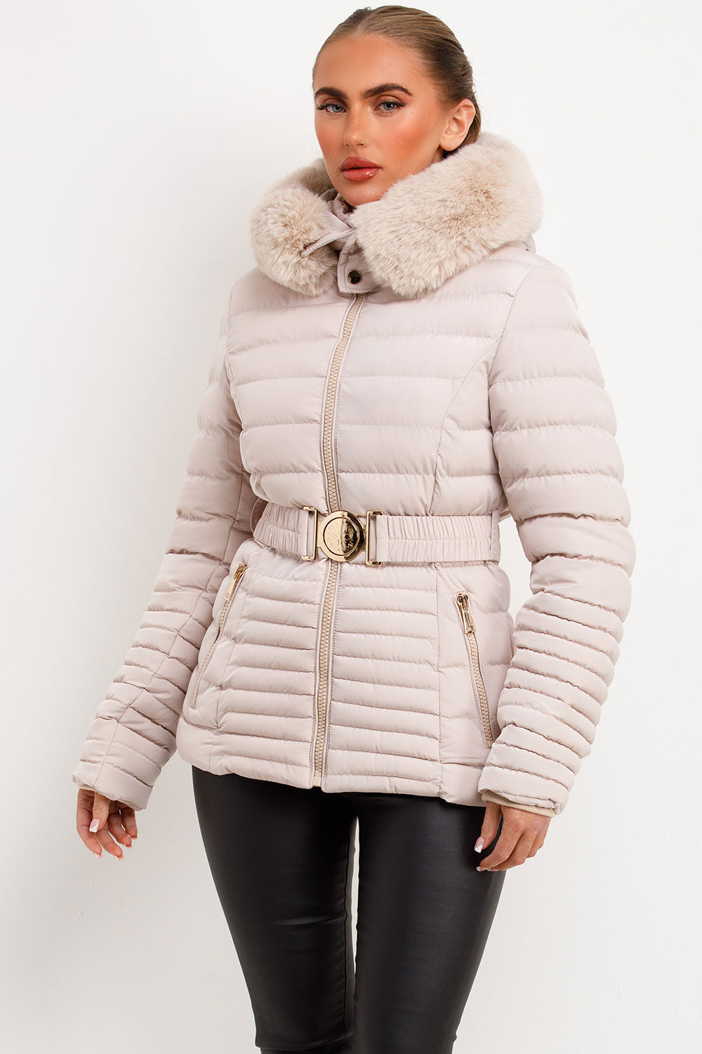 Puffer Jacket With Faux Fur Hood And Gold Belt Beige