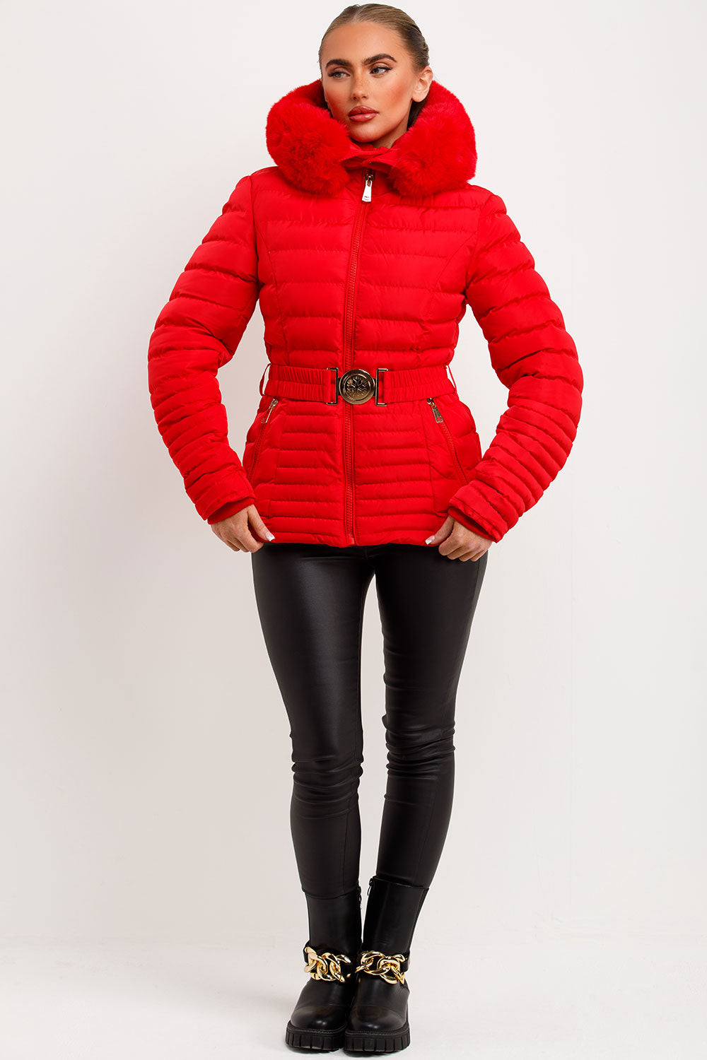 Red Puffer Jacket With Faux Fur Hood And Gold Belt