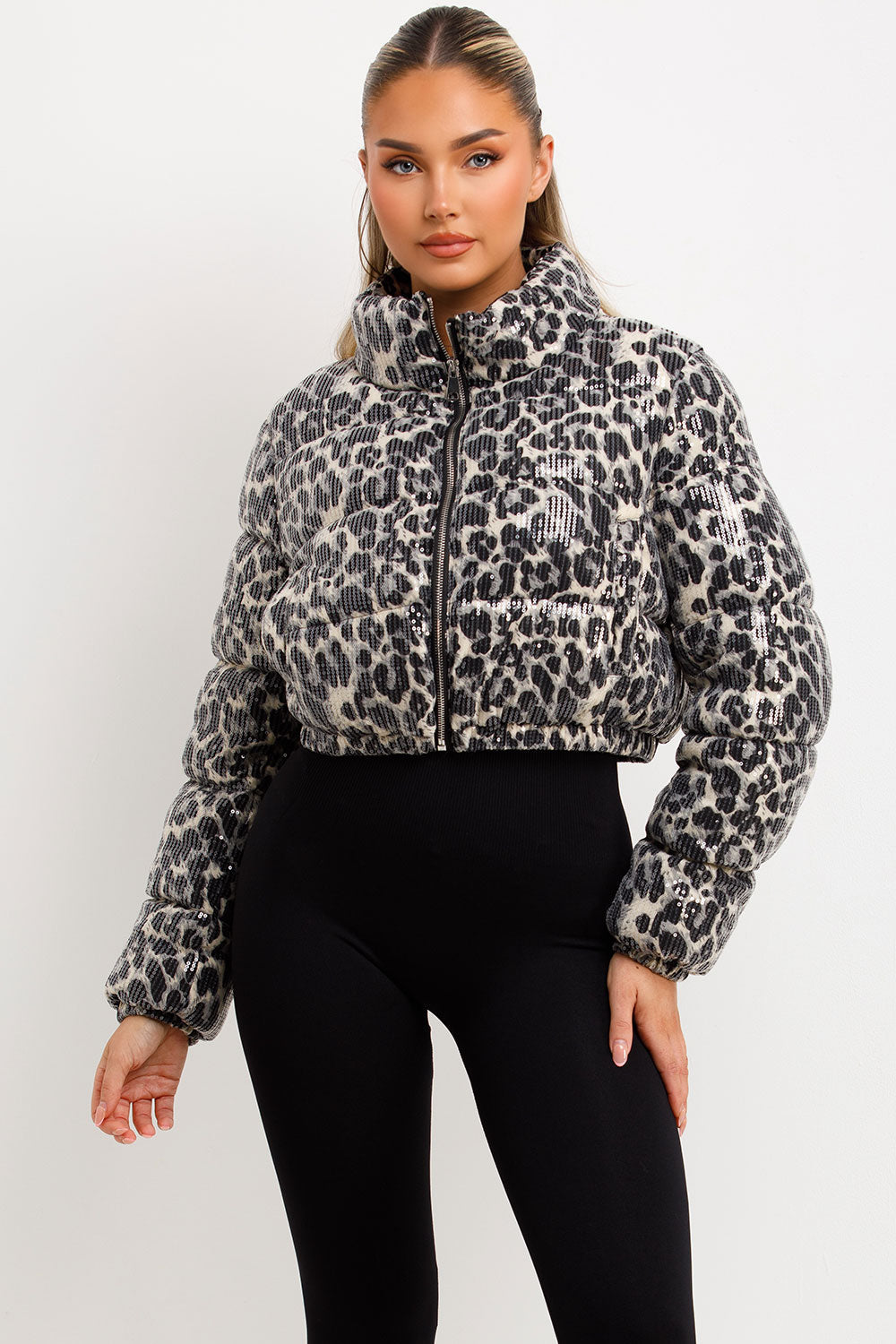 White Leopard Print Crop Puffer Jacket Sequin Detail