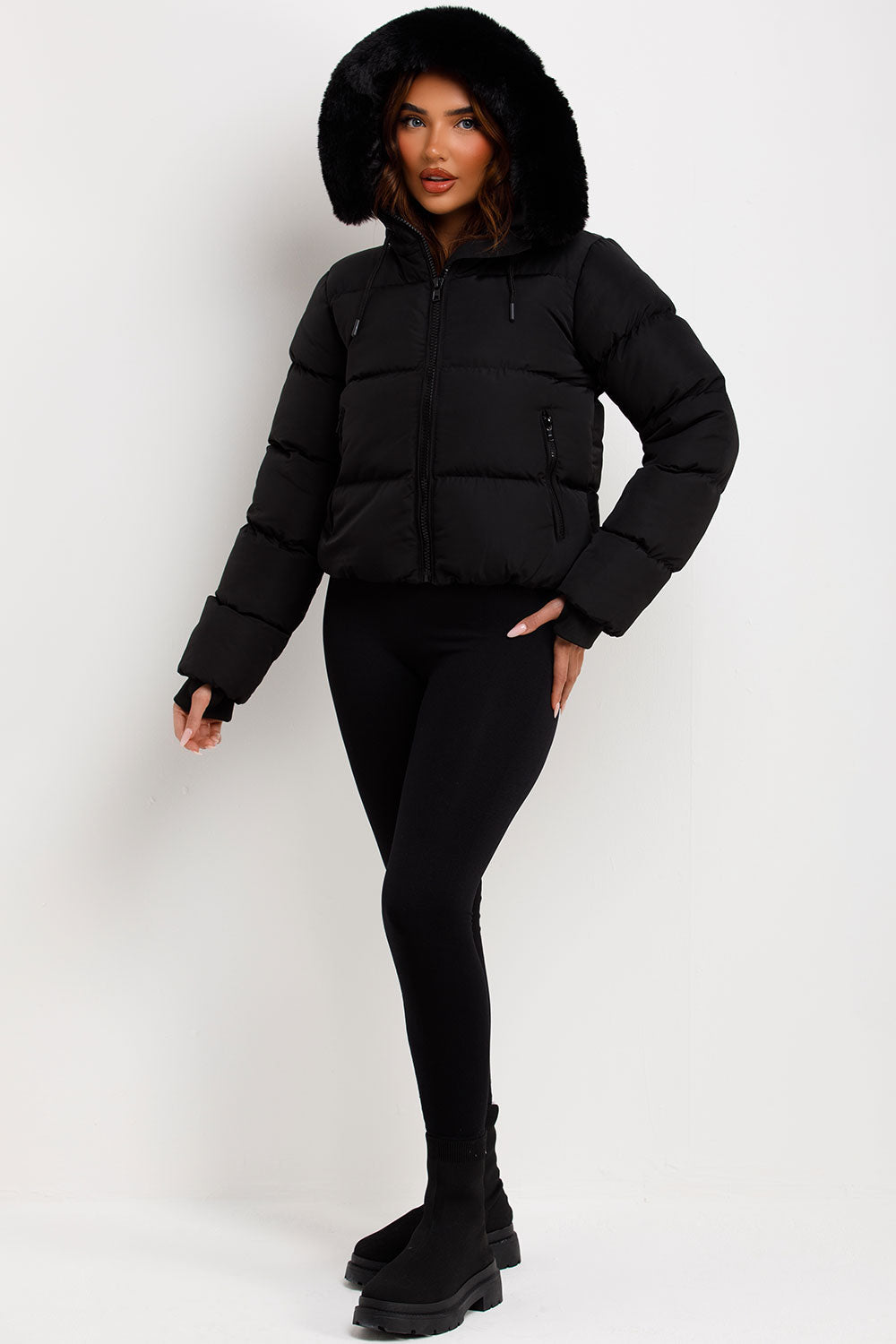 Black Puffer Jacket With Fur Hood