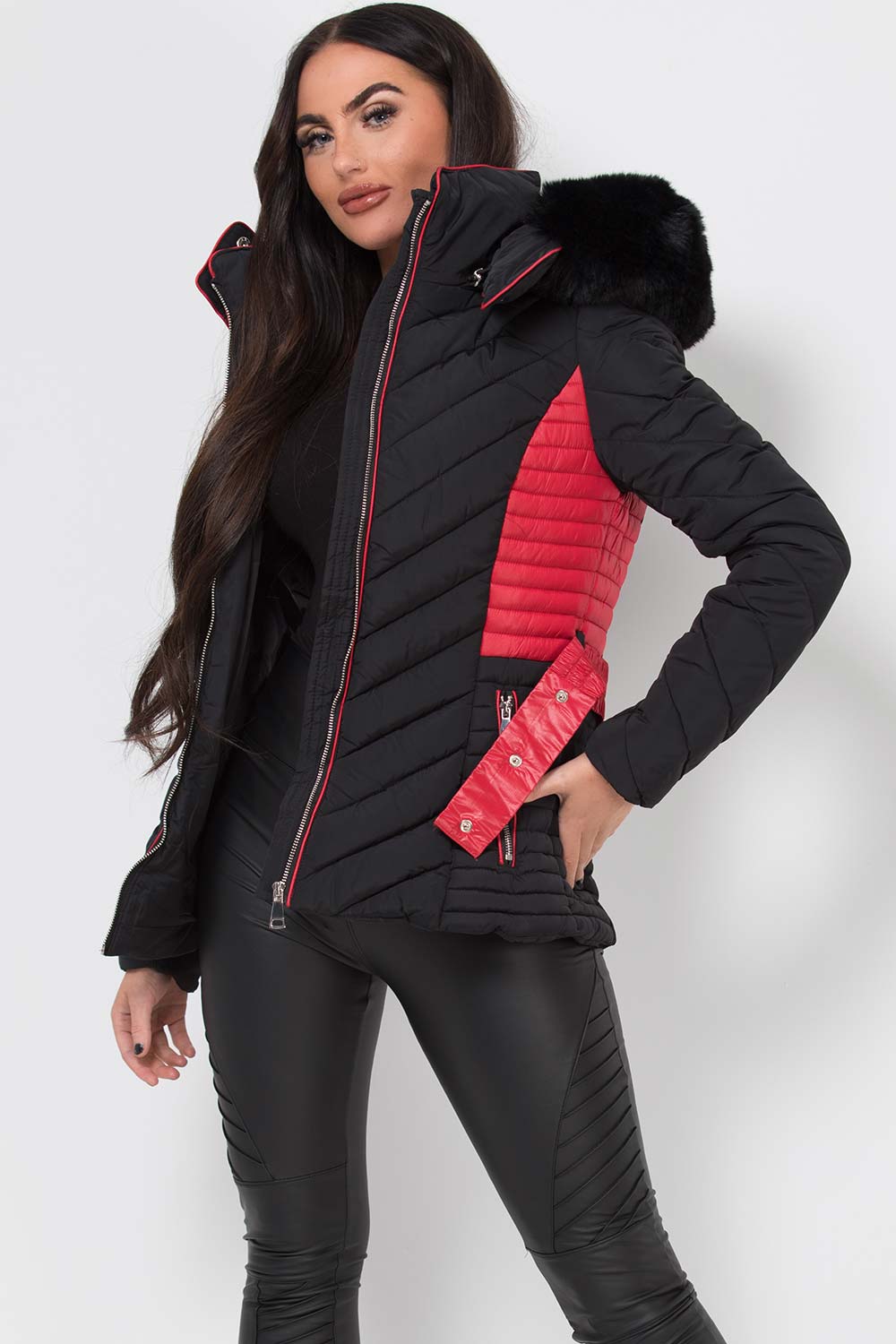 Puffer Quilted Jacket With Faux Fur Hood Belted Black And Red