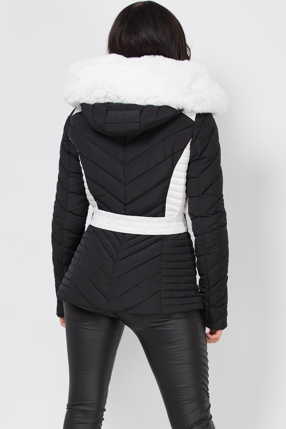 Puffer Quilted Jacket With Faux Fur Hood Belted Black And White