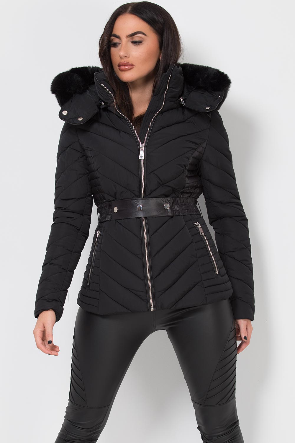 Black Puffer Quilted Jacket With Faux Fur Hood And Belt