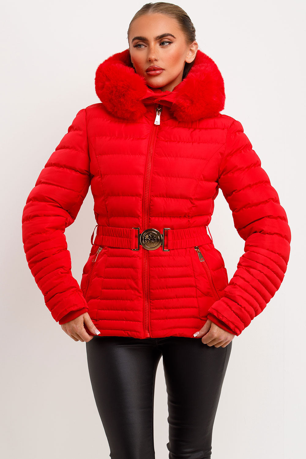 Red Puffer Jacket With Faux Fur Hood And Gold Belt