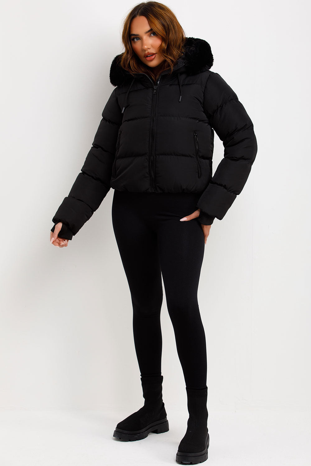 Black Puffer Jacket With Fur Hood