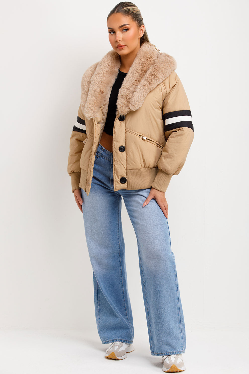 Aviator Bomber Jacket With Faux Fur And Stripe Detail Beige