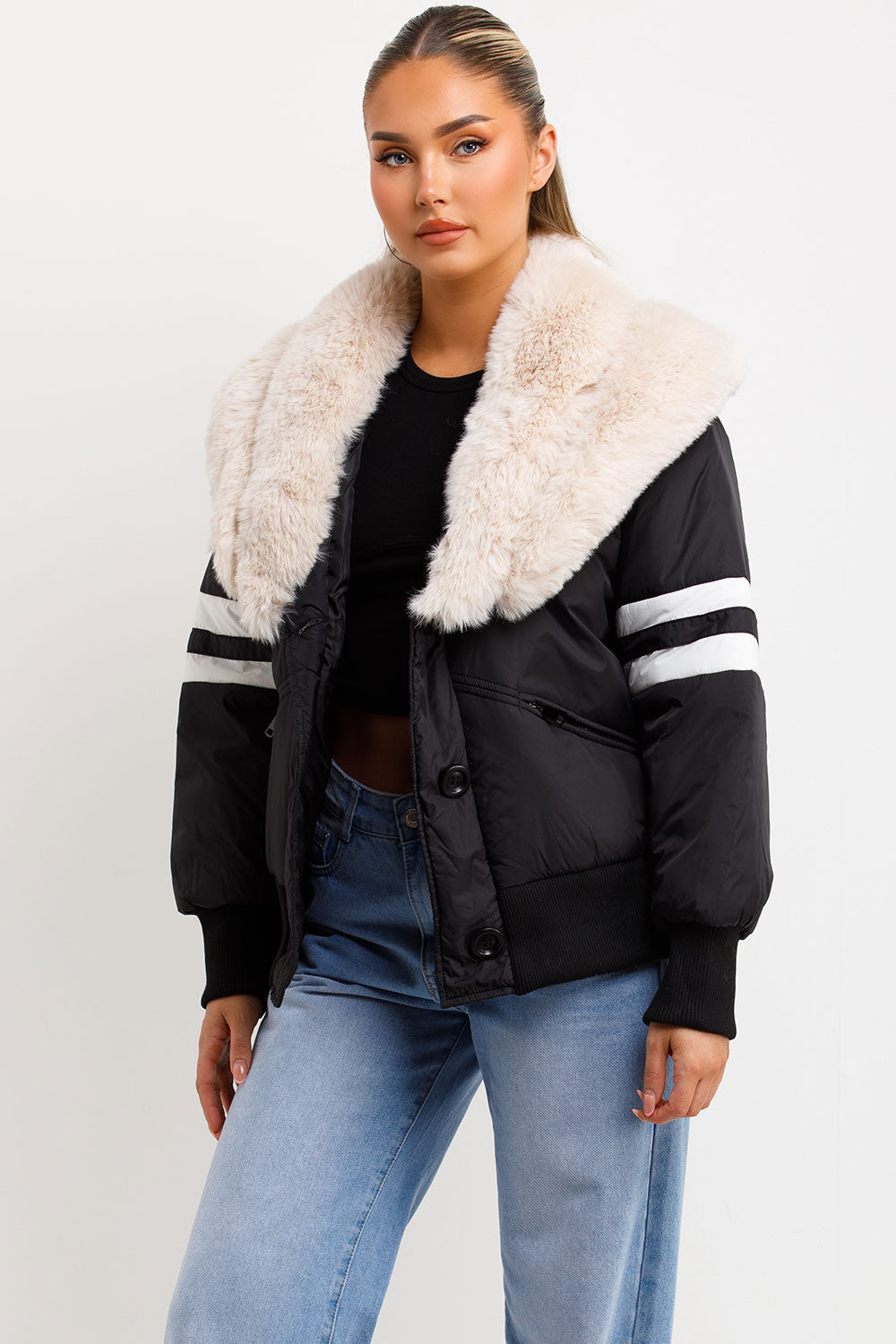 Aviator Bomber Jacket With Faux Fur And Stripe Detail Black