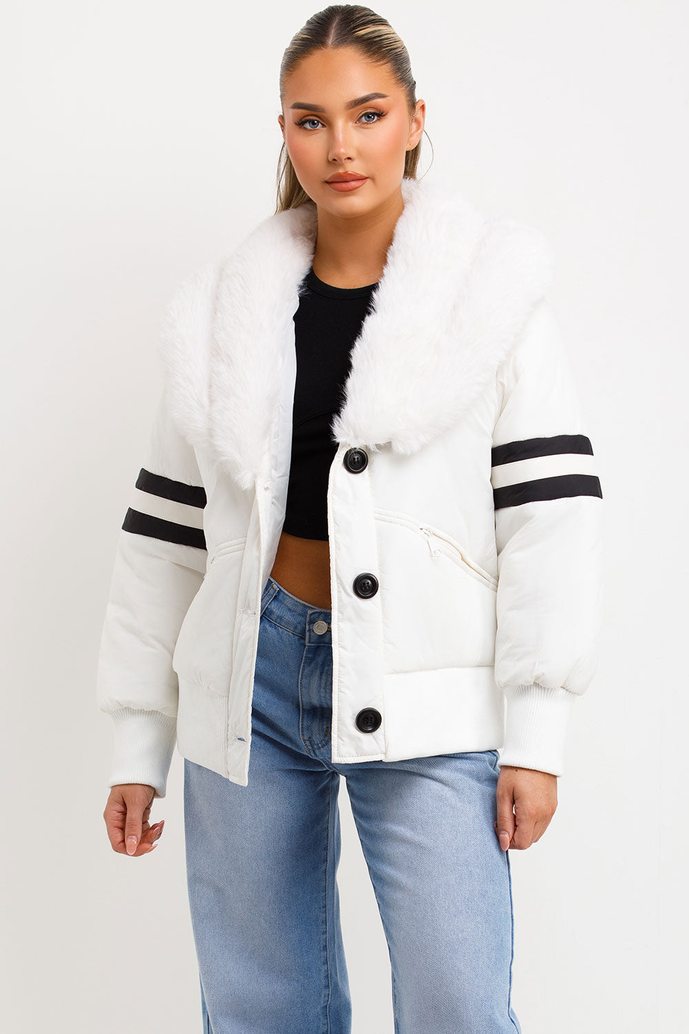 Aviator Bomber Jacket With Faux Fur And Stripe Detail White