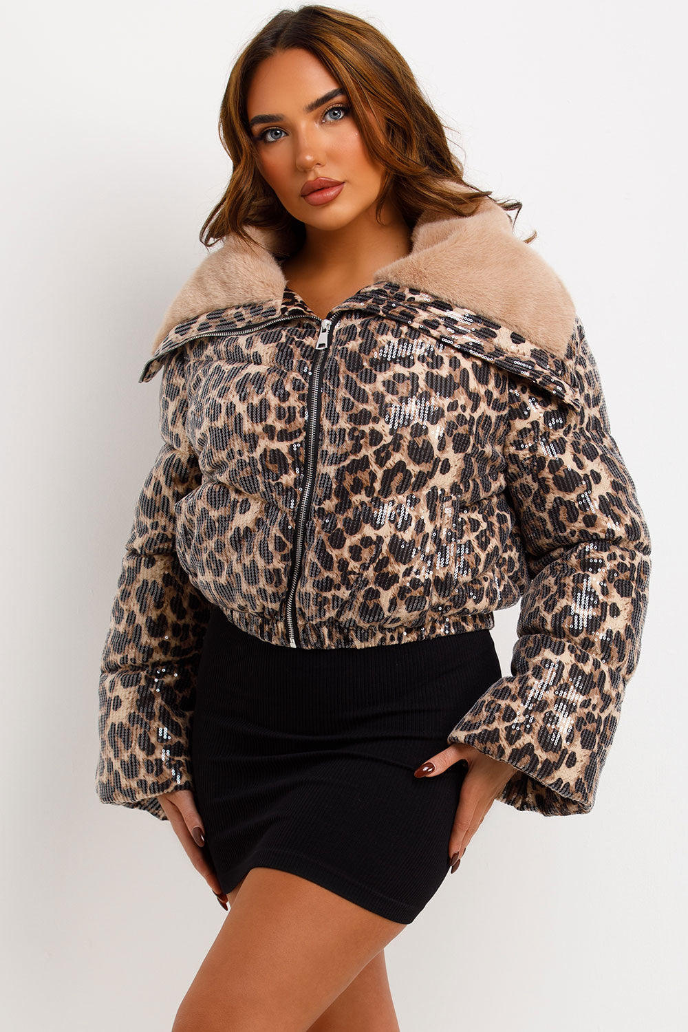 Faux Fur Collar Leopard Print Puffer Jacket With Sequin Detail