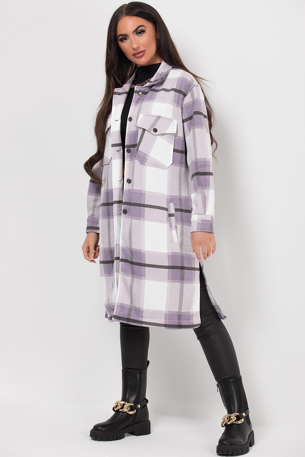 Longline Check Shacket Purple