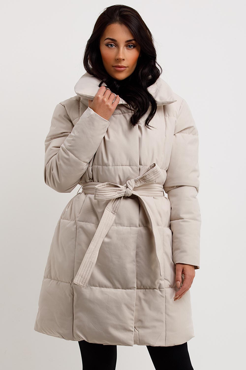 Long Duvet Coat With Belt Beige