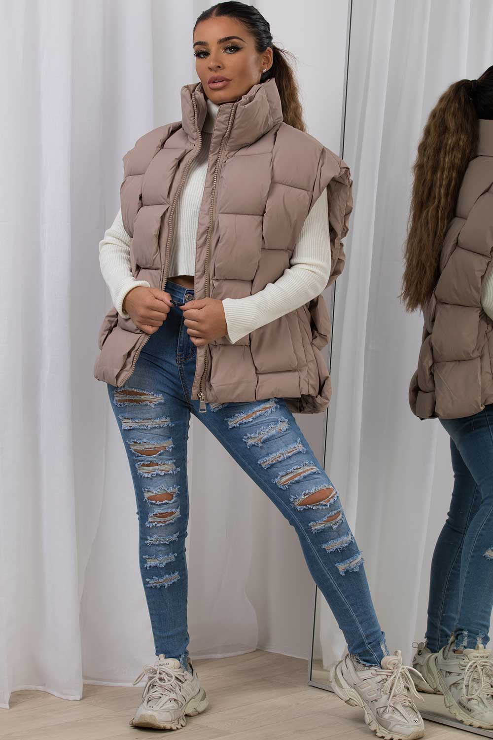 Quilted Padded Gilet With Woven Detail Beige