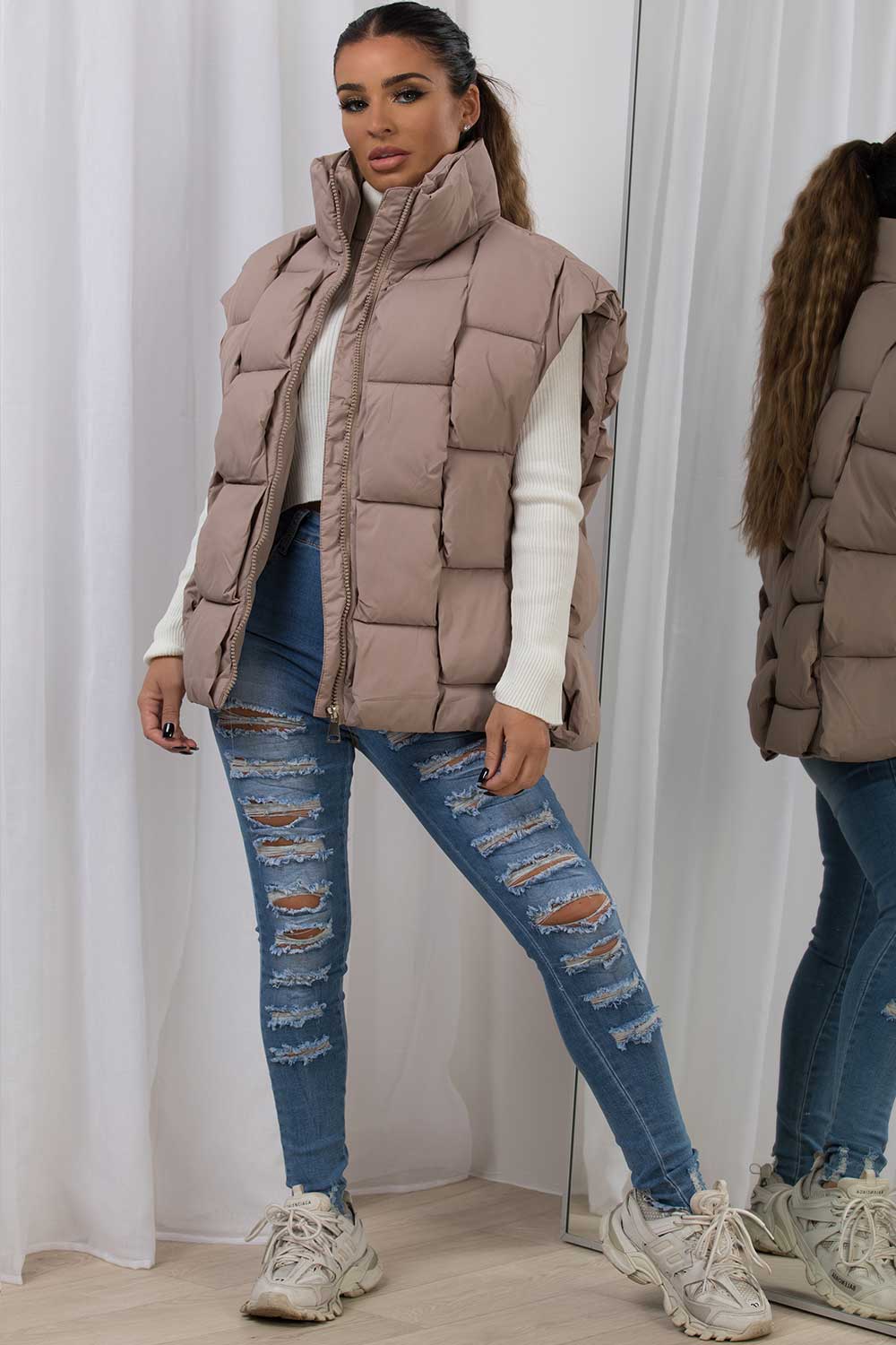 Quilted Padded Gilet With Woven Detail Beige