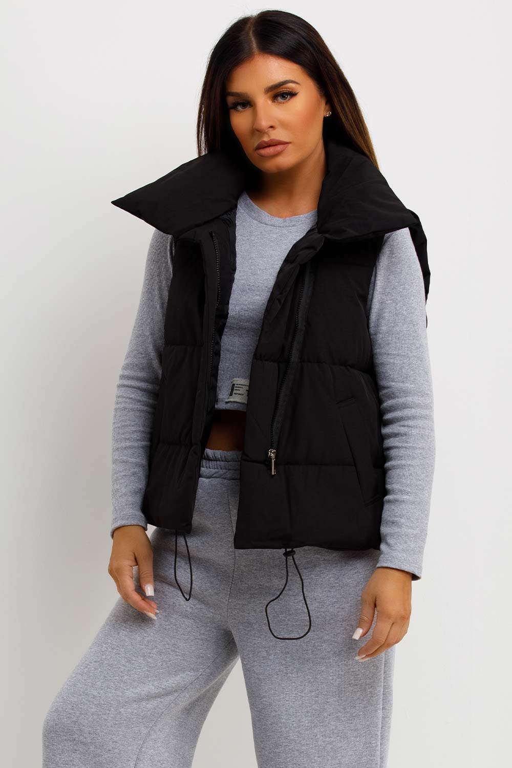 Black Puffer Duvet Gilet With Drawstrings