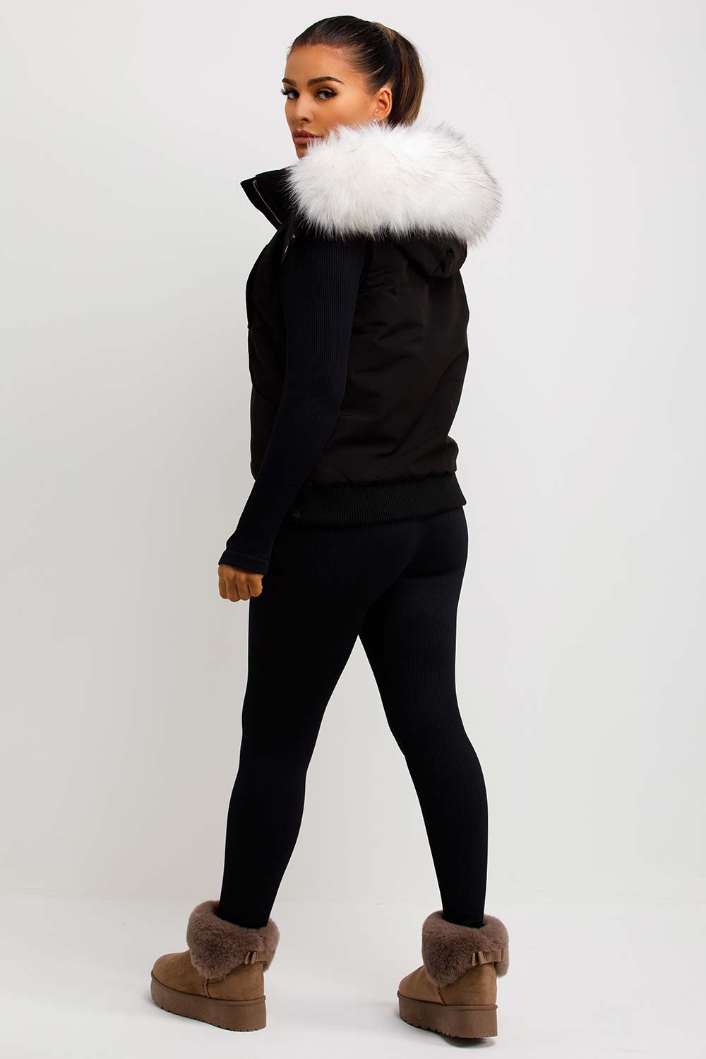 Black Gilet With Faux Fur Hood