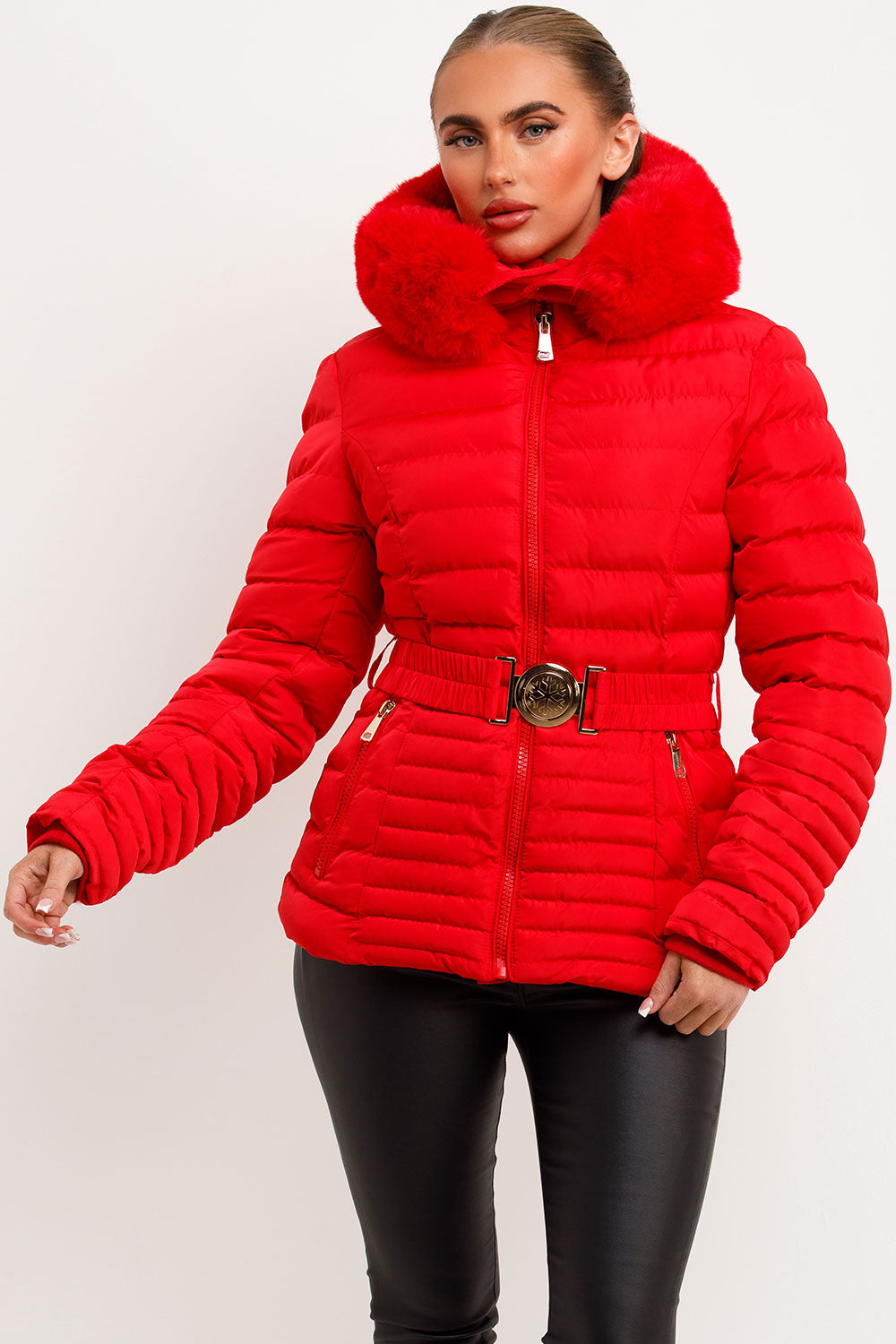 Red Puffer Jacket With Faux Fur Hood And Gold Belt