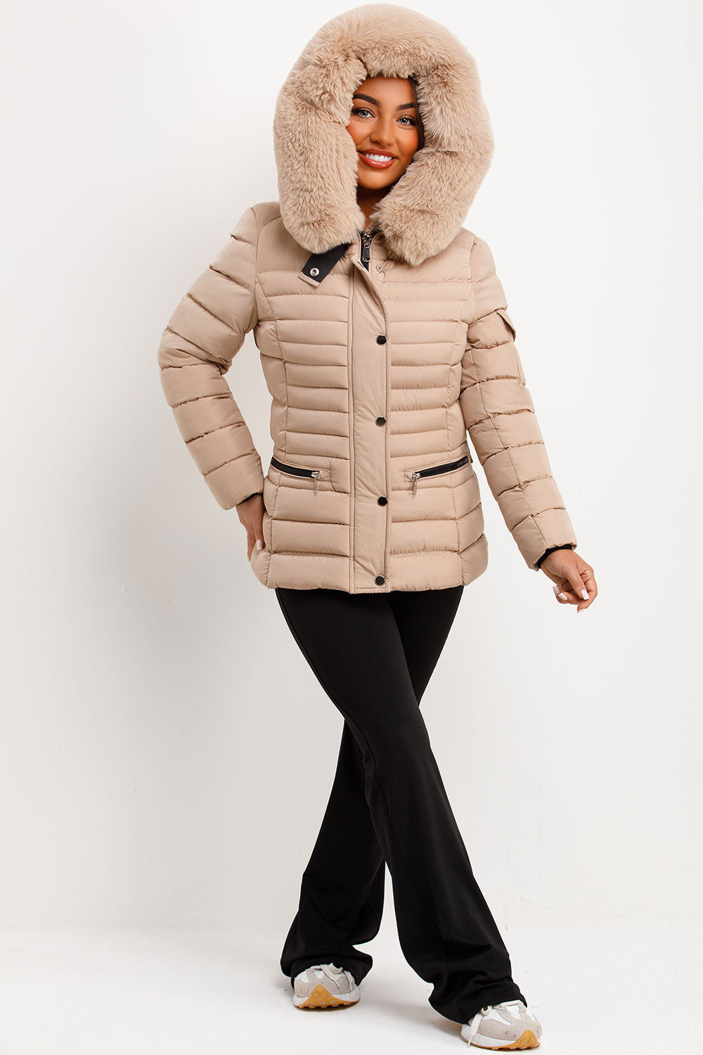 Puffer Jacket With Faux Fur Hood Side Buckle Detail Beige