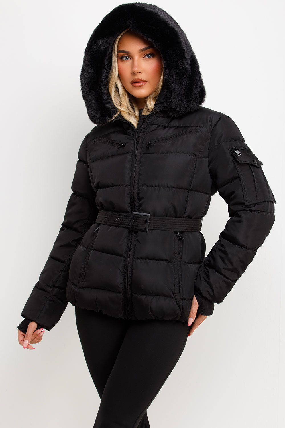 Black Faux Fur Hood Jacket With Belt