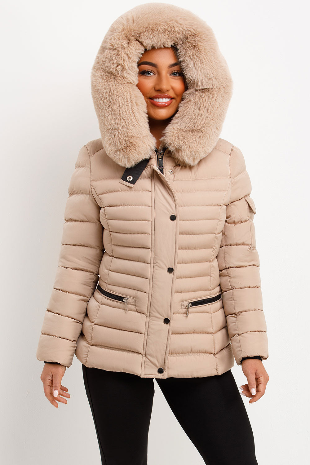 Puffer Jacket With Faux Fur Hood Side Buckle Detail Beige