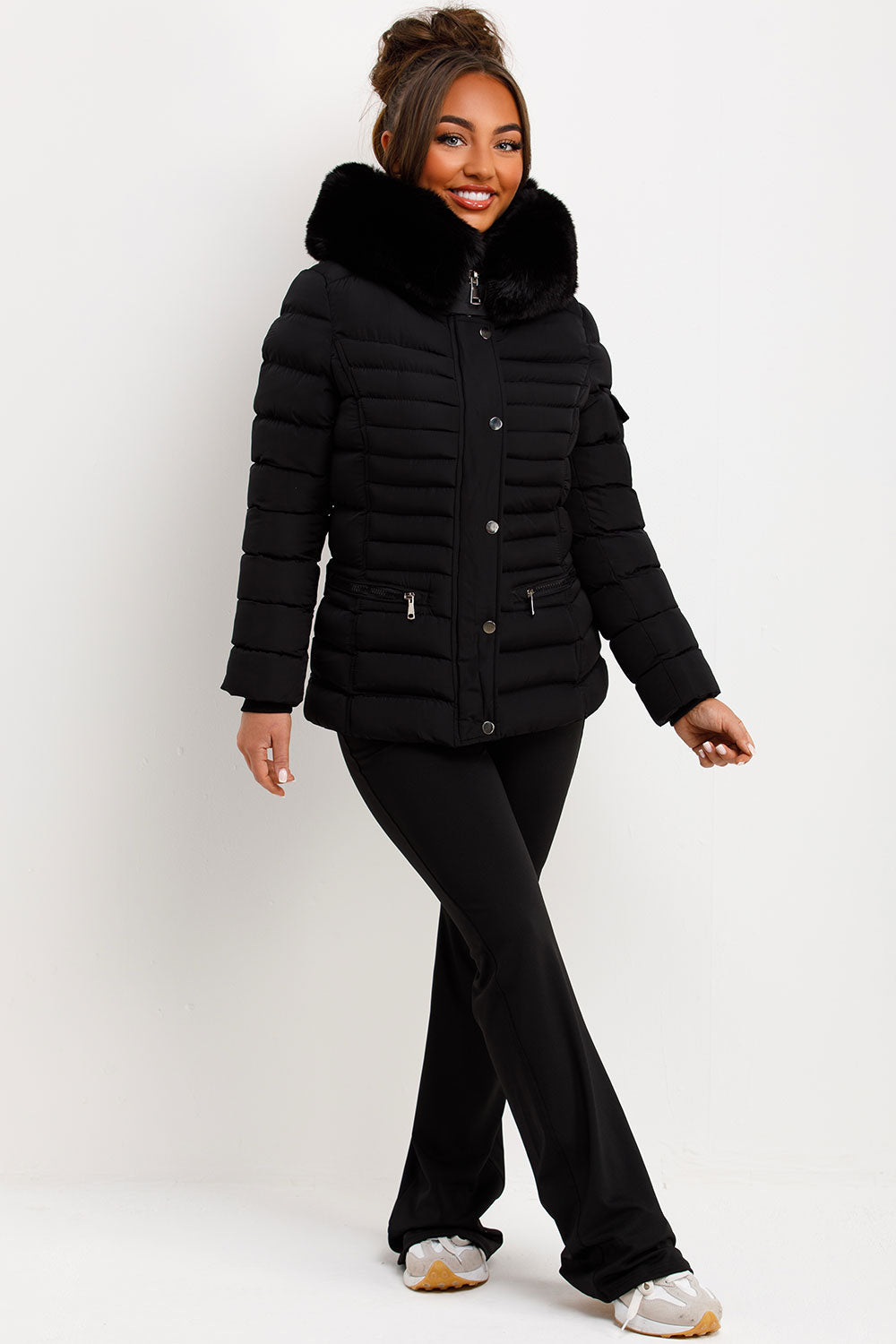 Puffer Jacket With Faux Fur Hood Side Buckle Detail Black