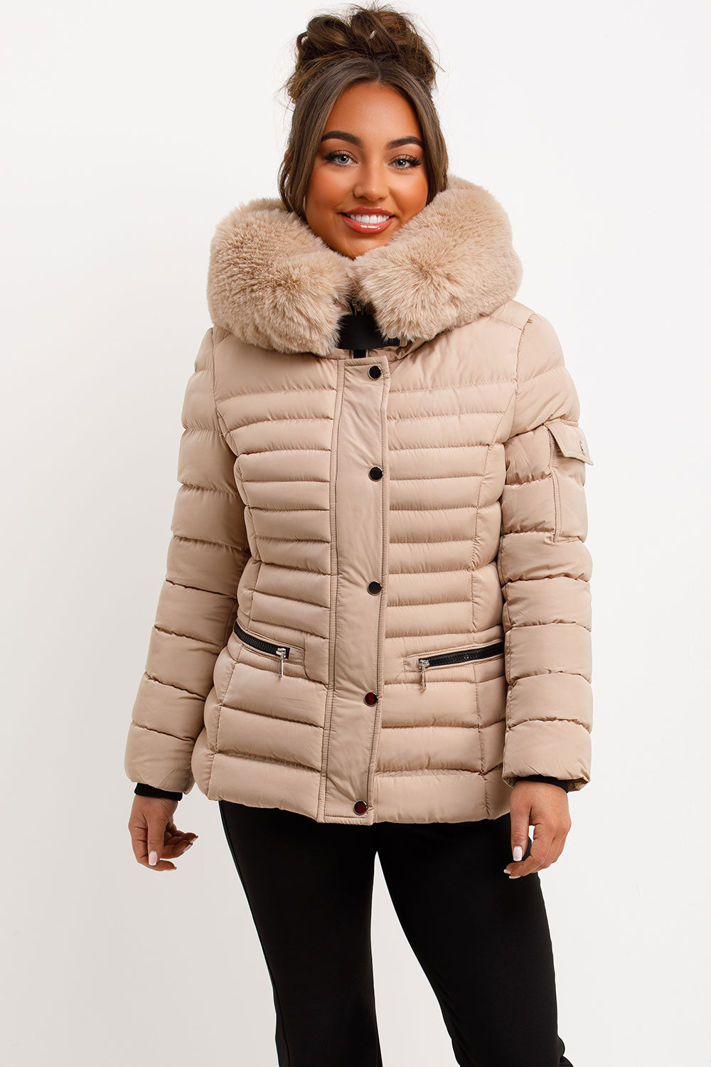 Puffer Jacket With Faux Fur Hood Side Buckle Detail Beige